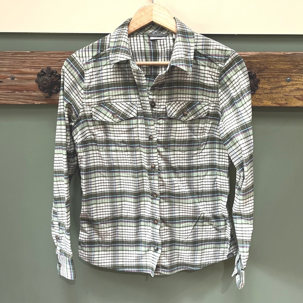 LL Bean Womens Green Plaid Sorona Stretch Button Down Shirt Item 296749 Size S